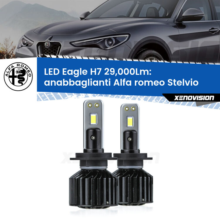 <strong>Kit anabbaglianti LED specifico per Alfa romeo Stelvio</strong>  2016 in poi. Lampade <strong>H7</strong> Canbus da 29.000Lumen di luminosità modello Eagle Xenovision.