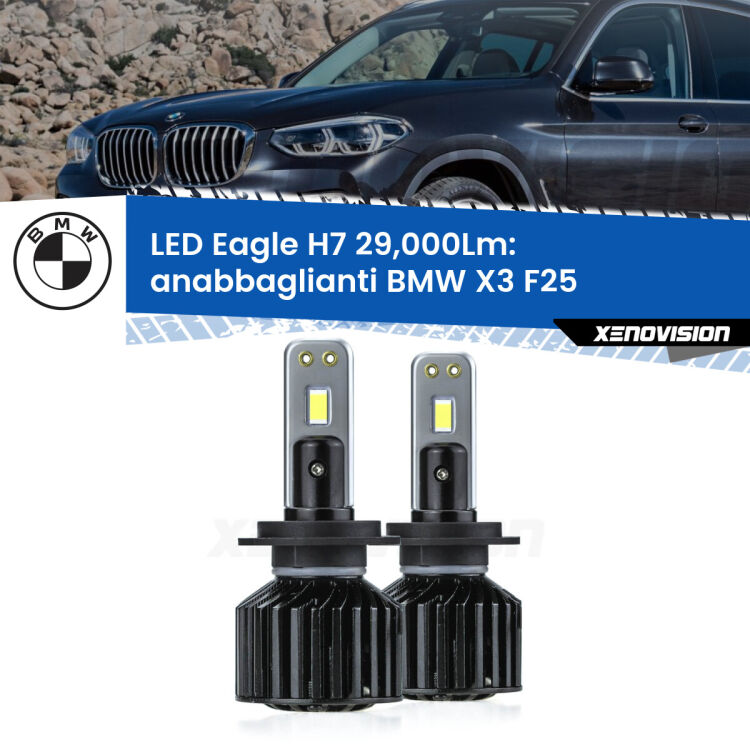 <strong>Kit anabbaglianti LED specifico per BMW X3</strong> F25 2010 - 2016. Lampade <strong>H7</strong> Canbus da 29.000Lumen di luminosità modello Eagle Xenovision.