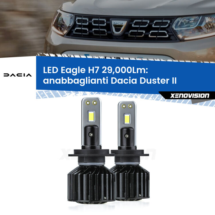 <strong>Kit anabbaglianti LED specifico per Dacia Duster</strong> II 2017 in poi. Lampade <strong>H7</strong> Canbus da 29.000Lumen di luminosità modello Eagle Xenovision.