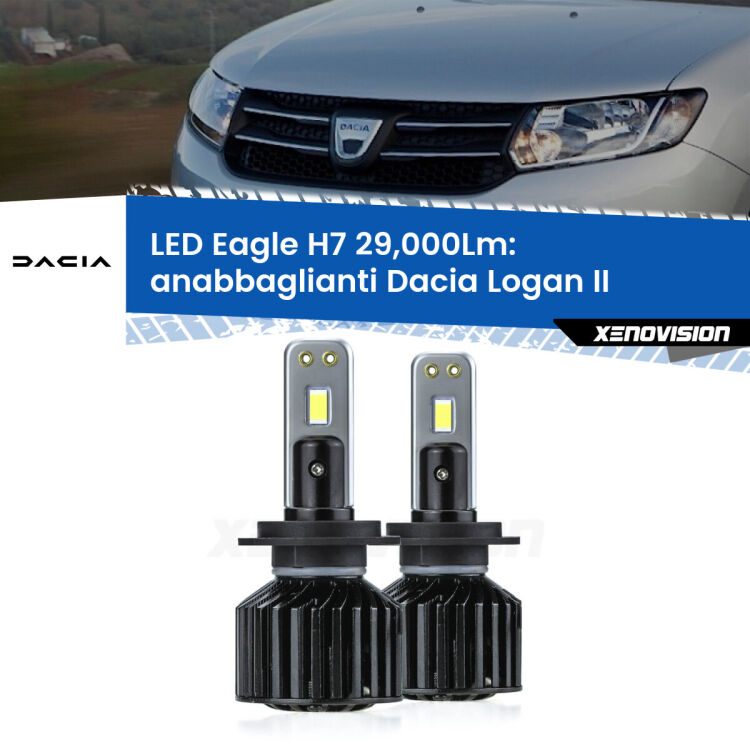 <strong>Kit anabbaglianti LED specifico per Dacia Logan</strong> II a parabola doppia. Lampade <strong>H7</strong> Canbus da 29.000Lumen di luminosità modello Eagle Xenovision.