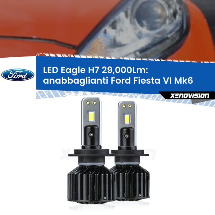 <strong>Kit anabbaglianti LED specifico per Ford Fiesta VI</strong> Mk6 faro lenticolare. Lampade <strong>H7</strong> Canbus da 29.000Lumen di luminosità modello Eagle Xenovision.