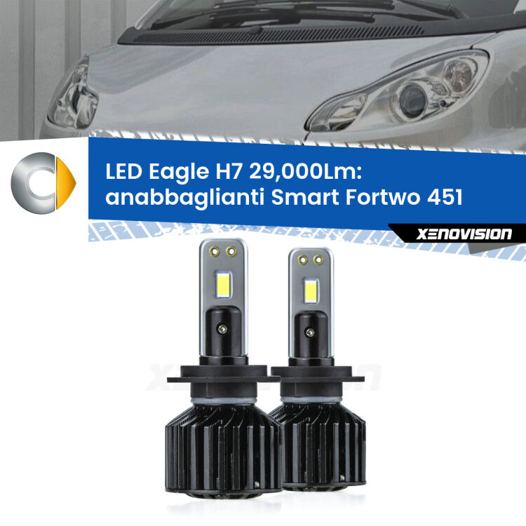 <strong>Kit anabbaglianti LED specifico per Smart Fortwo</strong> 451 2007 - 2014. Lampade <strong>H7</strong> Canbus da 29.000Lumen di luminosità modello Eagle Xenovision.