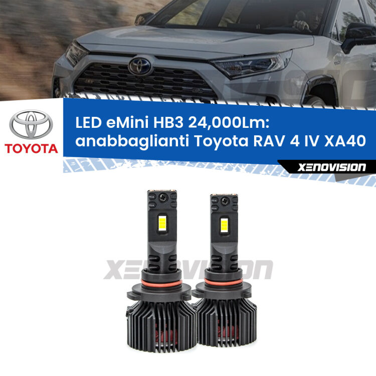 <strong>Kit anabbaglianti LED specifico per Toyota RAV 4 IV</strong> XA40 fari a parabola. Lampade <strong>HB3</strong> compatte, Canbus da 24.000Lumen Eagle Mini Xenovision.