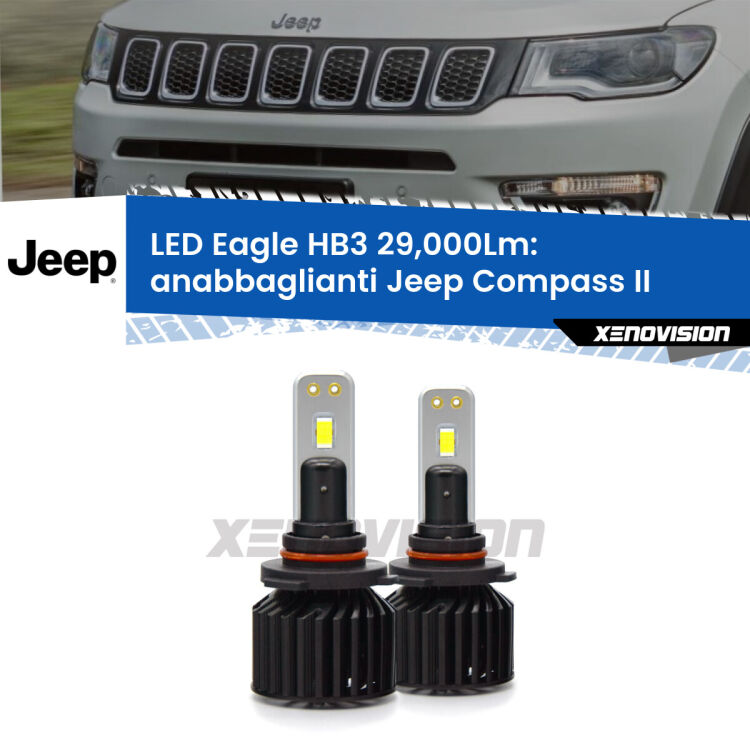 <strong>Kit anabbaglianti LED specifico per Jeep Compass</strong> II LMC. Lampade <strong>HB3</strong> Canbus da 29.000Lumen di luminosità modello Eagle Xenovision.