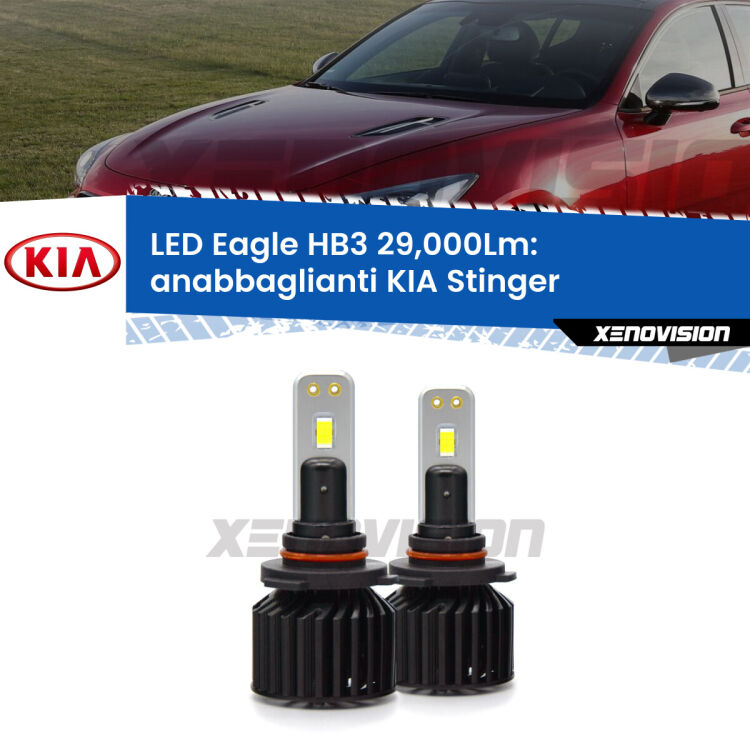 <strong>Kit anabbaglianti LED specifico per KIA Stinger</strong>  2017 in poi. Lampade <strong>HB3</strong> Canbus da 29.000Lumen di luminosità modello Eagle Xenovision.