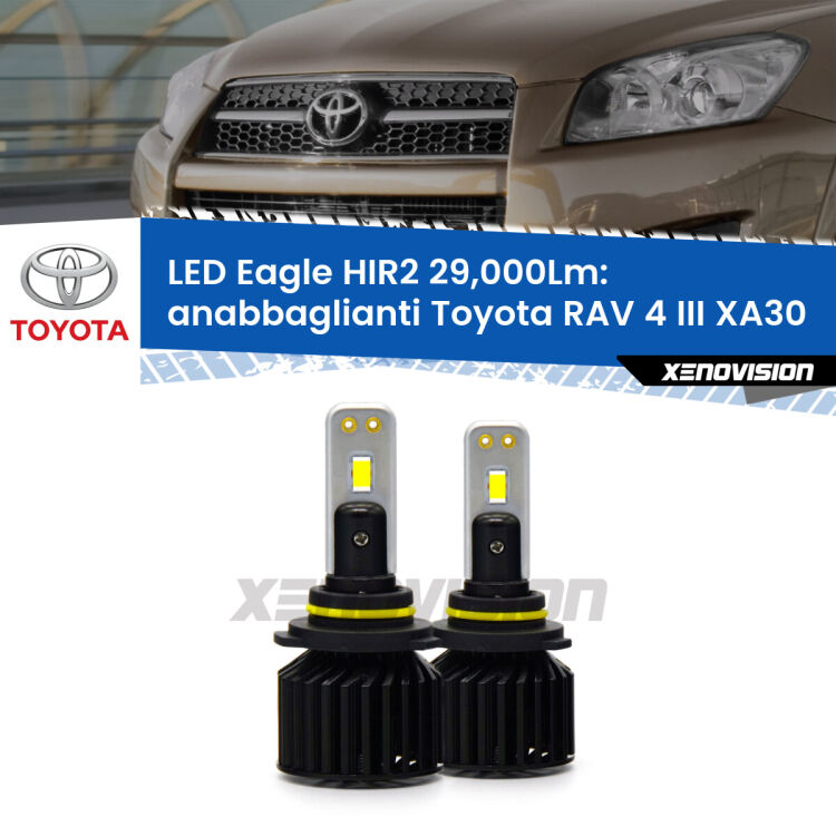 <strong>Kit anabbaglianti LED specifico per Toyota RAV 4 III</strong> XA30 fari a parabola. Lampade <strong>HIR2</strong> Canbus da 29.000Lumen di luminosità modello Eagle Xenovision.