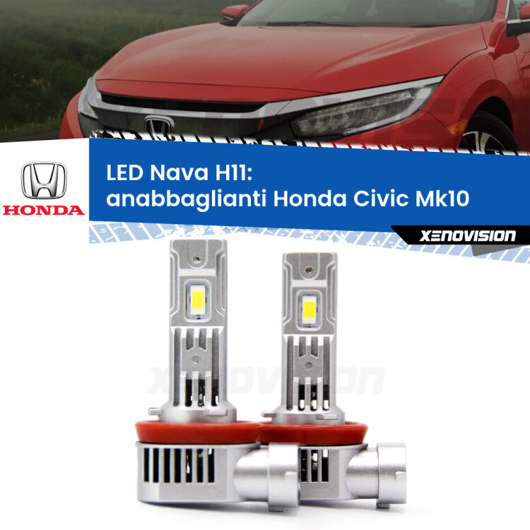 <strong>Anabbaglianti LED no-spie per Honda Civic</strong> Mk10 2016 - 2020. Coppia lampade <strong>H11</strong>/H9/H8/H16(JP) modello Nava canbus, raffreddate a ventola.