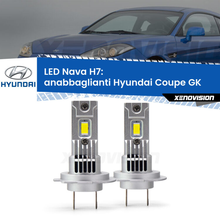 <strong>Anabbaglianti LED no-spie per Hyundai Coupe</strong> GK 2002 - 2009. Coppia lampade <strong>H7</strong> modello Nava canbus, raffreddate a ventola.