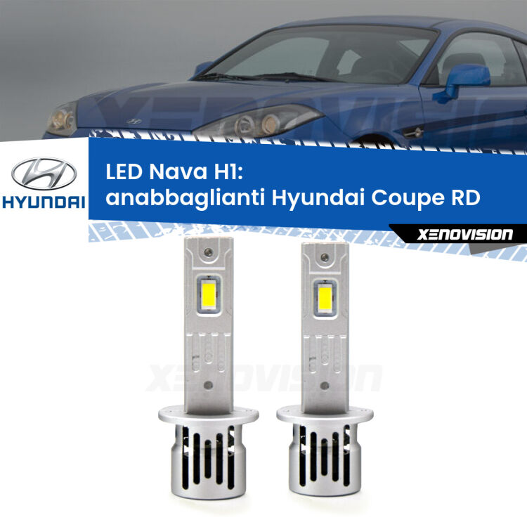 <strong>Anabbaglianti LED no-spie per Hyundai Coupe</strong> RD 1996 - 1999. Coppia lampade <strong> H1</strong> modello Nava canbus, raffreddate a ventola.