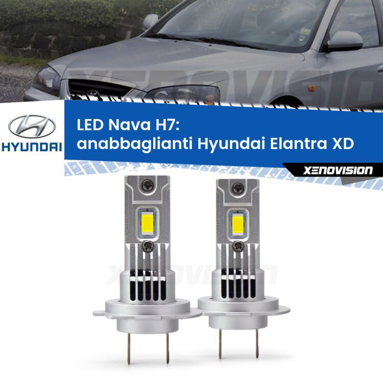 <strong>Anabbaglianti LED no-spie per Hyundai Elantra</strong> XD 2000 - 2006. Coppia lampade <strong>H7</strong> modello Nava canbus, raffreddate a ventola.