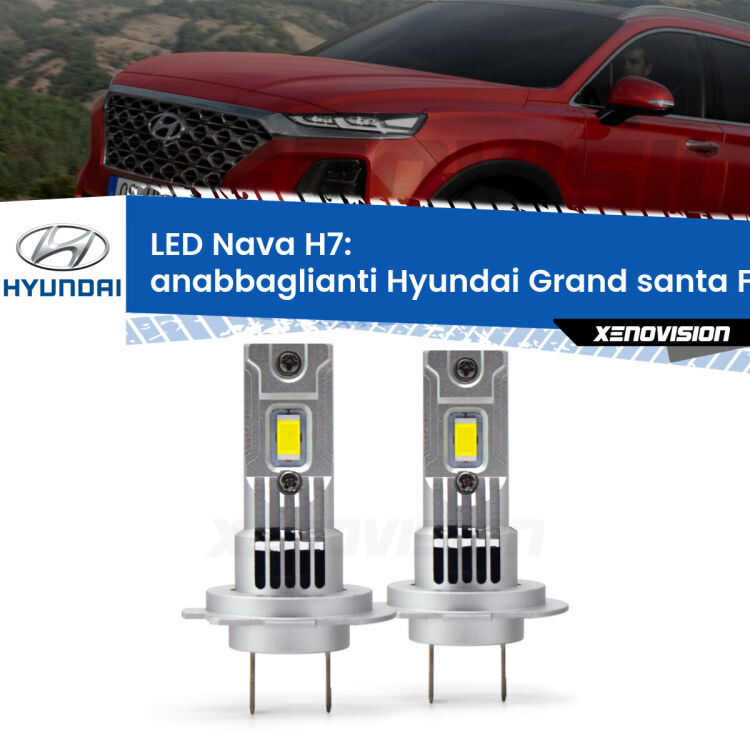 <strong>Anabbaglianti LED no-spie per Hyundai Grand santa FÉ</strong>  2013 in poi. Coppia lampade <strong>H7</strong> modello Nava canbus, raffreddate a ventola.