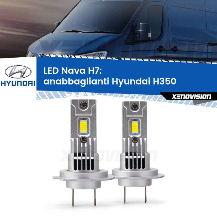 <strong>Anabbaglianti LED no-spie per Hyundai H350</strong>  2015 in poi. Coppia lampade <strong>H7</strong> modello Nava canbus, raffreddate a ventola.