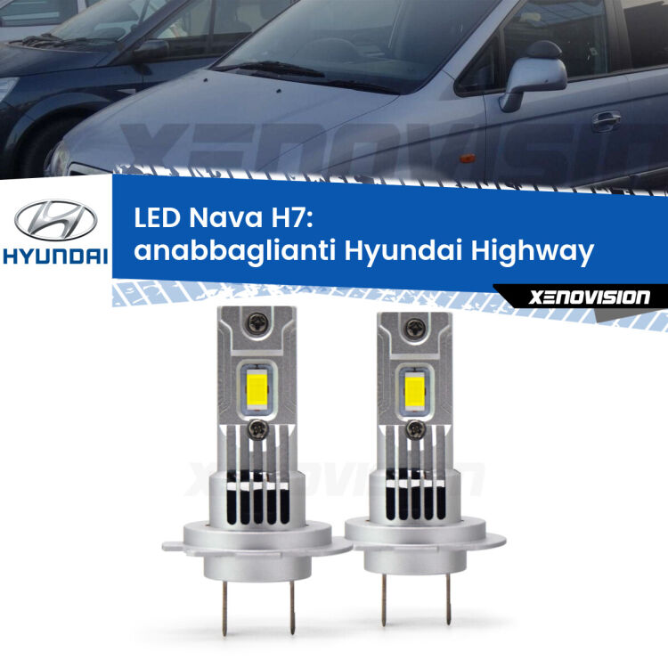 <strong>Anabbaglianti LED no-spie per Hyundai Highway</strong>  2000 - 2004. Coppia lampade <strong>H7</strong> modello Nava canbus, raffreddate a ventola.