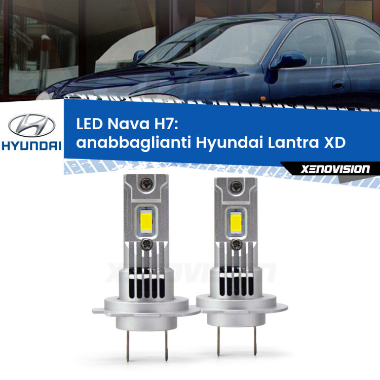 <strong>Anabbaglianti LED no-spie per Hyundai Lantra</strong> XD 2000 - 2006. Coppia lampade <strong>H7</strong> modello Nava canbus, raffreddate a ventola.