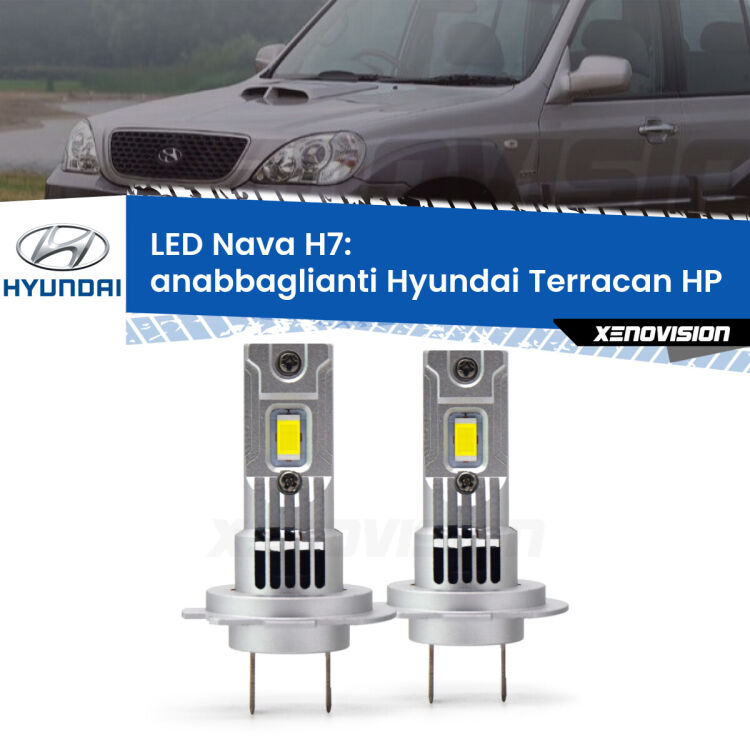 <strong>Anabbaglianti LED no-spie per Hyundai Terracan</strong> HP 2001 - 2006. Coppia lampade <strong>H7</strong> modello Nava canbus, raffreddate a ventola.