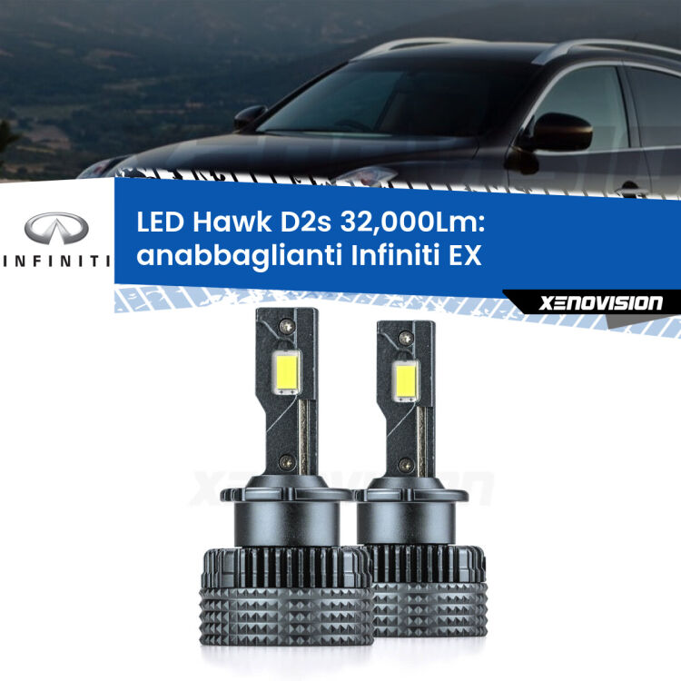 <strong>Kit anabbaglianti LED specifico per Infiniti EX</strong>  2008 in poi. Lampade <strong>D2S</strong> Canbus da 32.000Lumen di luminosità modello Hawk Xenovision.