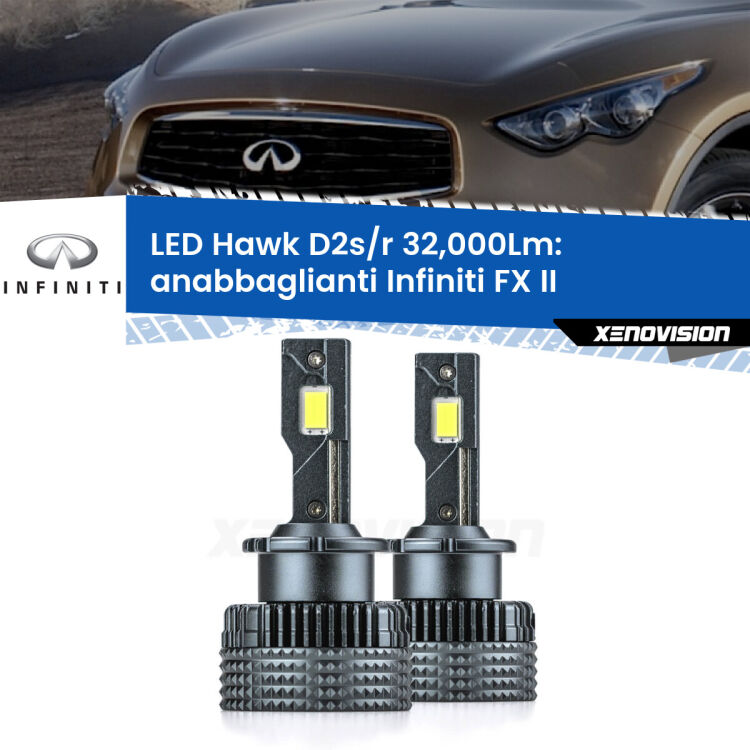 <strong>Kit anabbaglianti LED specifico per Infiniti FX</strong> II 2008 - 2013. Lampade <strong>D2S/D2R</strong> Canbus da 32.000Lumen di luminosità modello Hawk Xenovision.