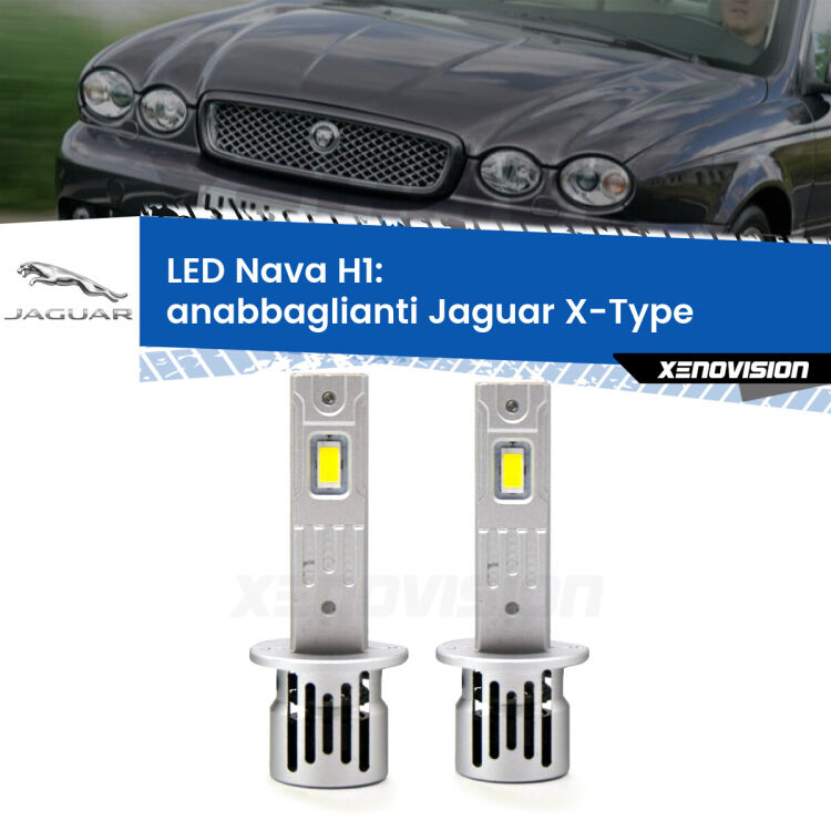 <strong>Anabbaglianti LED no-spie per Jaguar X-Type</strong>  2001 - 2009. Coppia lampade <strong> H1</strong> modello Nava canbus, raffreddate a ventola.