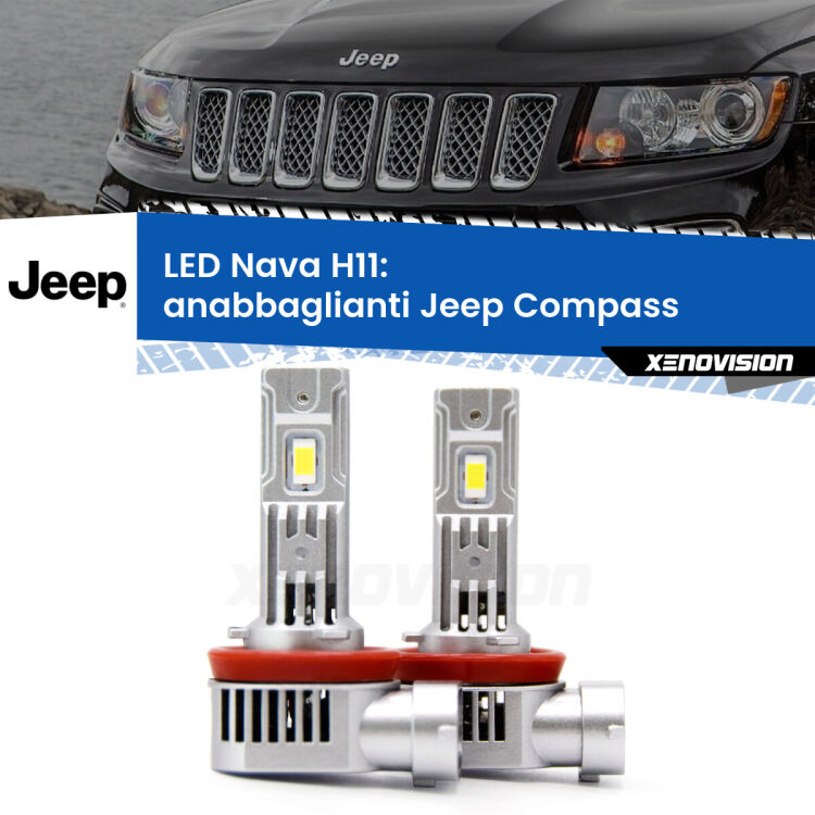 <strong>Anabbaglianti LED no-spie per Jeep Compass</strong>  2011 - 2016. Coppia lampade <strong>H11</strong> modello Nava canbus, raffreddate a ventola.