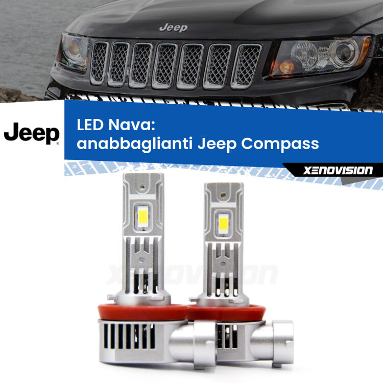 <strong>Anabbaglianti LED no-spie per Jeep Compass</strong>  2011 - 2016. Coppia lampade <strong>H11</strong>/H9/H8/H16(JP) modello Nava canbus, raffreddate a ventola.