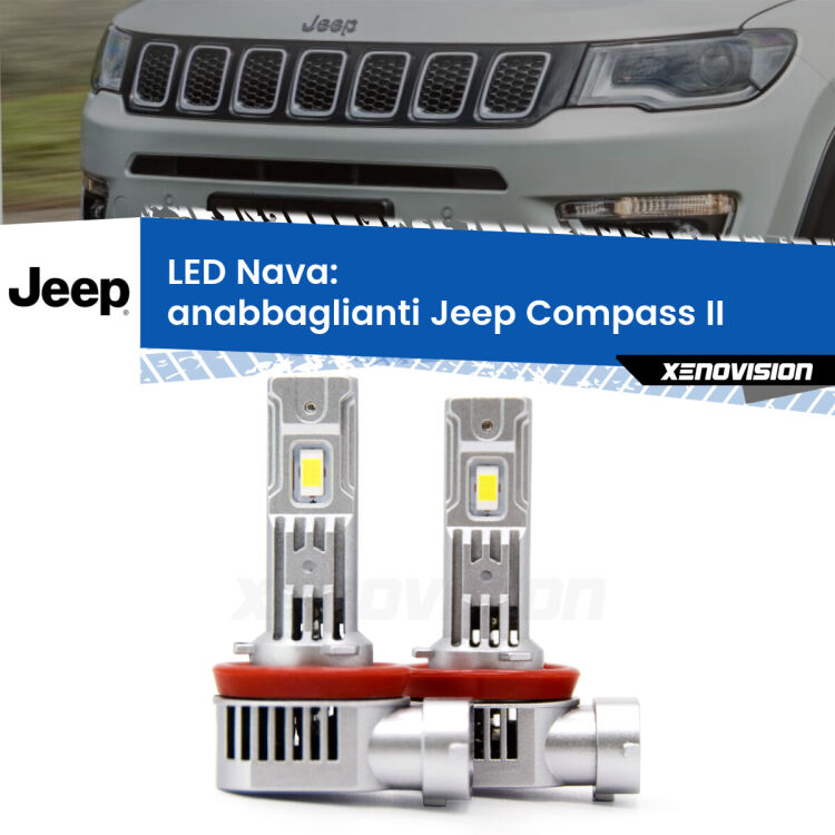 <strong>Anabbaglianti LED no-spie per Jeep Compass</strong> II 2017 in poi. Coppia lampade <strong>H11</strong>/H9/H8/H16(JP) modello Nava canbus, raffreddate a ventola.