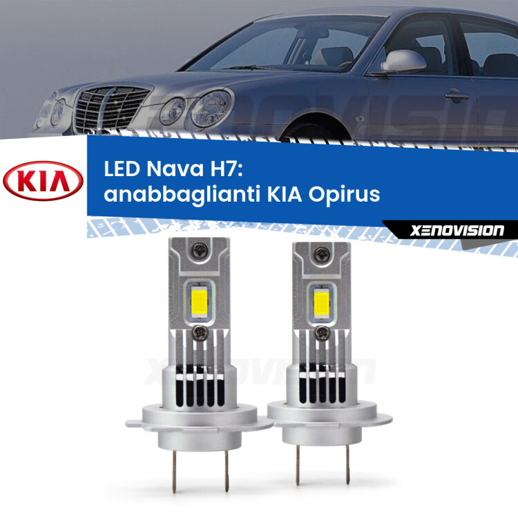 <strong>Anabbaglianti LED no-spie per KIA Opirus</strong>  2003 - 2011. Coppia lampade <strong>H7</strong> modello Nava canbus, raffreddate a ventola.