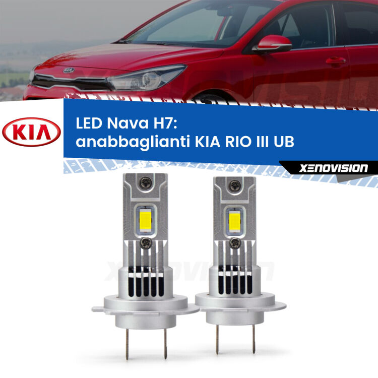 <strong>Anabbaglianti LED no-spie per KIA RIO III</strong> UB 2011 - 2016. Coppia lampade <strong>H7</strong> modello Nava canbus, raffreddate a ventola.