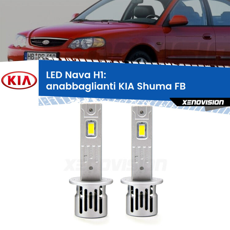 <strong>Anabbaglianti LED no-spie per KIA Shuma</strong> FB 1997 - 2000. Coppia lampade <strong> H1</strong> modello Nava canbus, raffreddate a ventola.