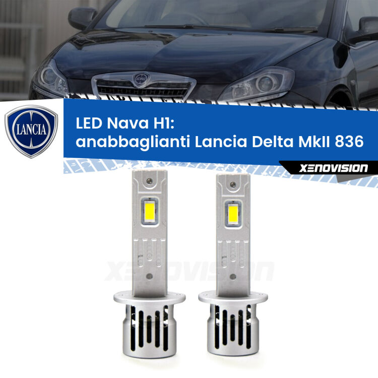 <strong>Anabbaglianti LED no-spie per Lancia Delta MkII</strong> 836 1993 - 1999. Coppia lampade <strong> H1</strong> modello Nava canbus, raffreddate a ventola.