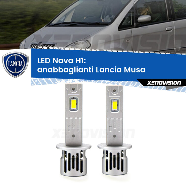 <strong>Anabbaglianti LED no-spie per Lancia Musa</strong>  2004 - 2007. Coppia lampade <strong> H1</strong> modello Nava canbus, raffreddate a ventola.