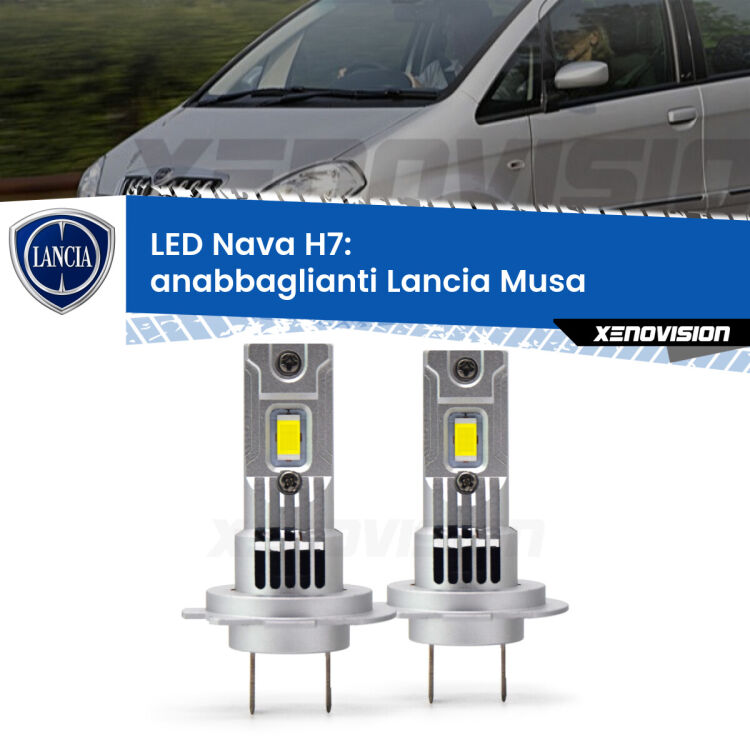 <strong>Anabbaglianti LED no-spie per Lancia Musa</strong>  2008 - 2012. Coppia lampade <strong>H7</strong> modello Nava canbus, raffreddate a ventola.