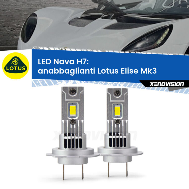 <strong>Anabbaglianti LED no-spie per Lotus Elise</strong> Mk3 faro lenticolare H7. Coppia lampade <strong>H7</strong> modello Nava canbus, raffreddate a ventola.