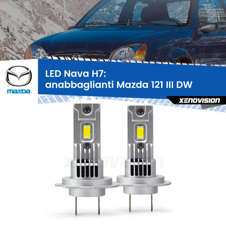 <strong>Anabbaglianti LED no-spie per Mazda 121 III</strong> DW 1996 - 1999. Coppia lampade <strong>H7</strong> modello Nava canbus, raffreddate a ventola.