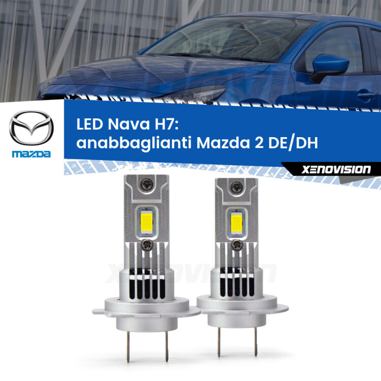 <strong>Anabbaglianti LED no-spie per Mazda 2</strong> DE/DH a parabola doppia. Coppia lampade <strong>H7</strong> modello Nava canbus, raffreddate a ventola.