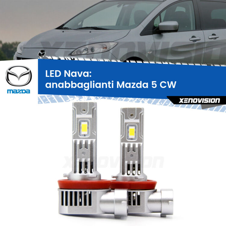 <strong>Anabbaglianti LED no-spie per Mazda 5</strong> CW 2010 in poi. Coppia lampade <strong>H11</strong>/H9/H8/H16(JP) modello Nava canbus, raffreddate a ventola.