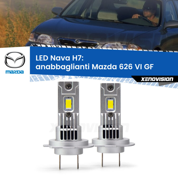 <strong>Anabbaglianti LED no-spie per Mazda 626 VI</strong> GF 1997 - 2002. Coppia lampade <strong>H7</strong> modello Nava canbus, raffreddate a ventola.