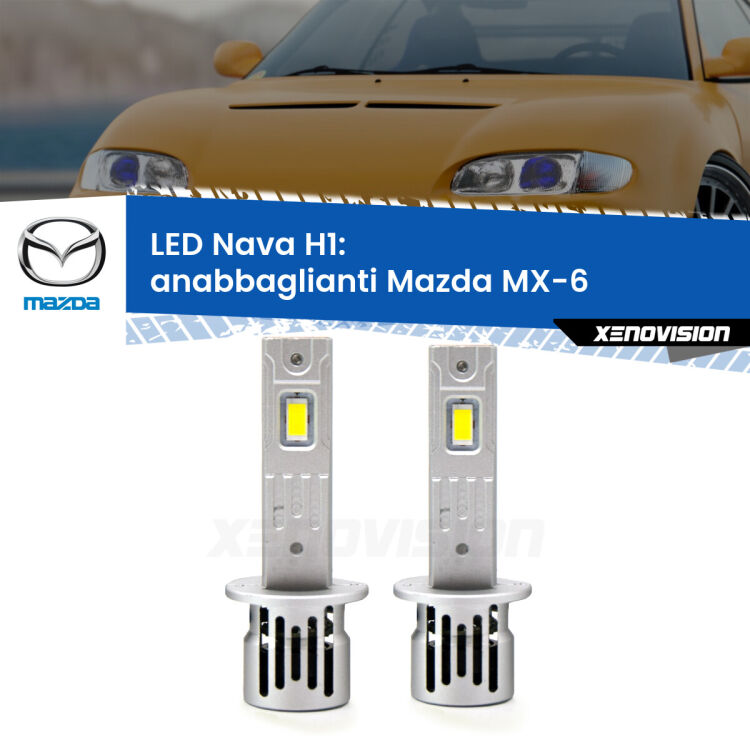 <strong>Anabbaglianti LED no-spie per Mazda MX-6</strong>  1992 - 1997. Coppia lampade <strong> H1</strong> modello Nava canbus, raffreddate a ventola.