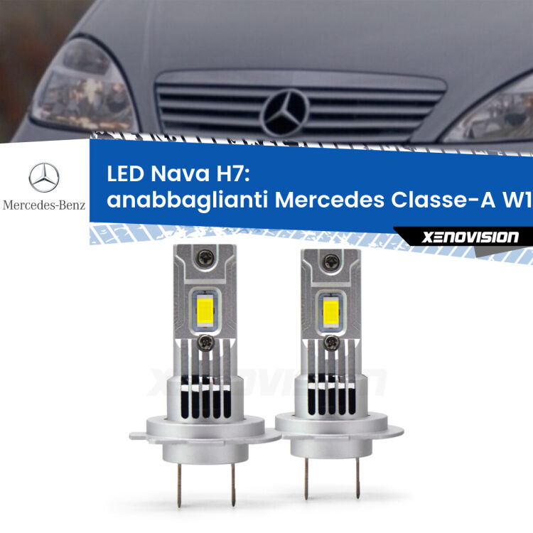 <strong>Anabbaglianti LED no-spie per Mercedes Classe-A</strong> W168 1997 - 2004. Coppia lampade <strong>H7</strong> modello Nava canbus, raffreddate a ventola.