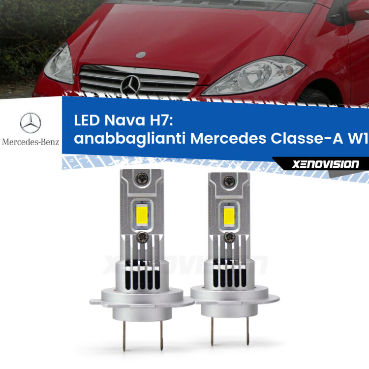 <strong>Anabbaglianti LED no-spie per Mercedes Classe-A</strong> W169 con fari a parabola. Coppia lampade <strong>H7</strong> modello Nava canbus, raffreddate a ventola.