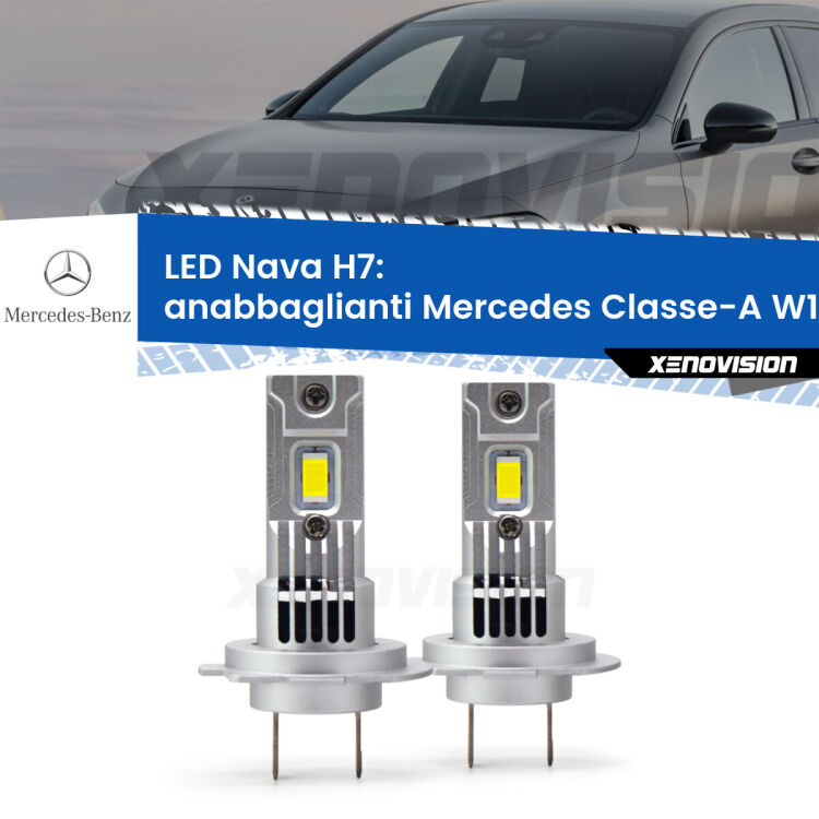 <strong>Anabbaglianti LED no-spie per Mercedes Classe-A</strong> W176 2012 - 2018. Coppia lampade <strong>H7</strong> modello Nava canbus, raffreddate a ventola.