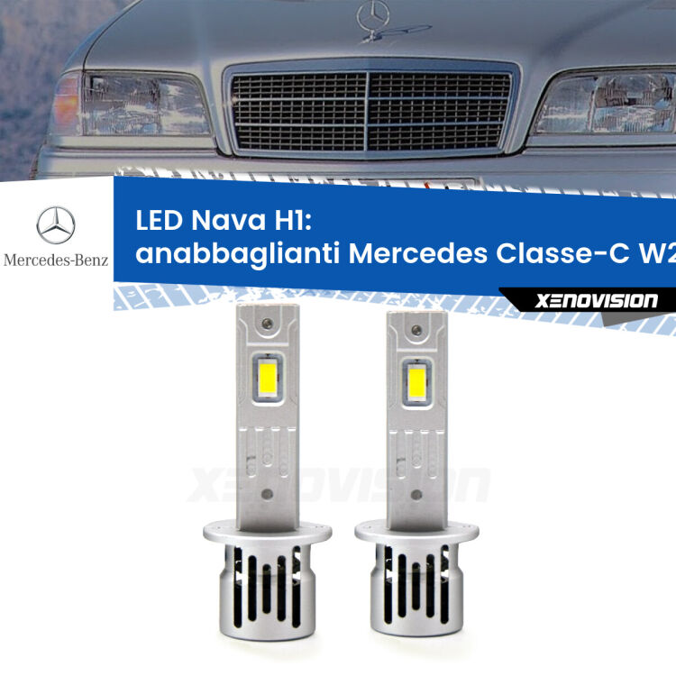 <strong>Anabbaglianti LED no-spie per Mercedes Classe-C</strong> W202 1993 - 1996. Coppia lampade <strong> H1</strong> modello Nava canbus, raffreddate a ventola.