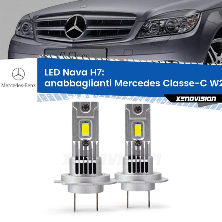 <strong>Anabbaglianti LED no-spie per Mercedes Classe-C</strong> W204 Prima serie. Coppia lampade <strong>H7</strong> modello Nava canbus, raffreddate a ventola.