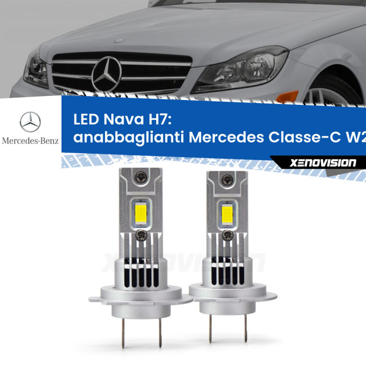 <strong>Anabbaglianti LED no-spie per Mercedes Classe-C</strong> W204 Restyling. Coppia lampade <strong>H7</strong> modello Nava canbus, raffreddate a ventola.