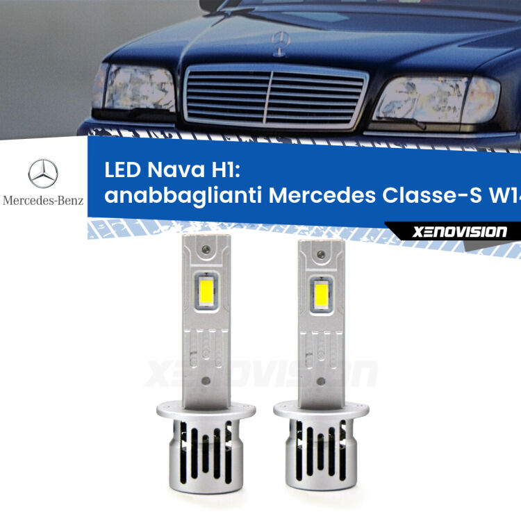 <strong>Anabbaglianti LED no-spie per Mercedes Classe-S</strong> W140 1991 - 1994. Coppia lampade <strong> H1</strong> modello Nava canbus, raffreddate a ventola.