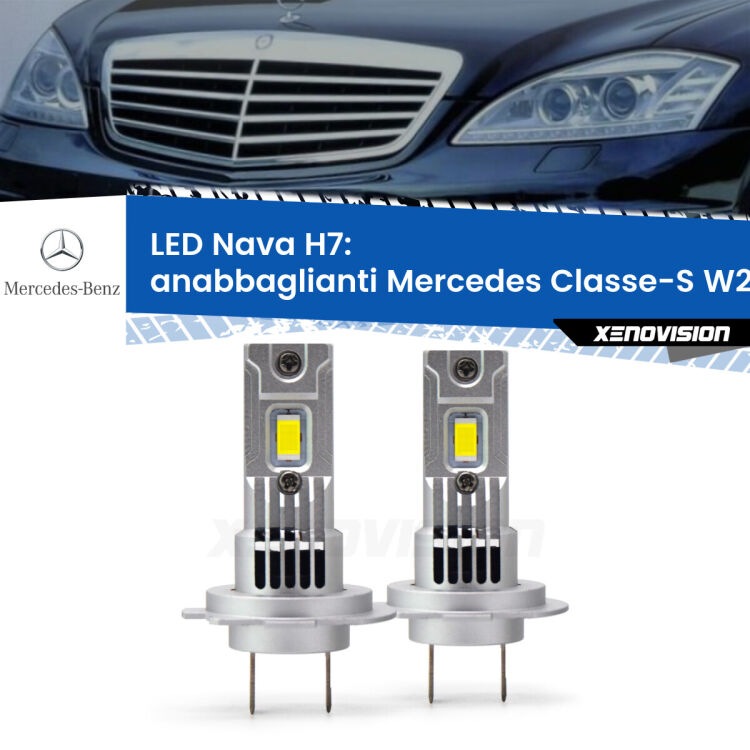 <strong>Anabbaglianti LED no-spie per Mercedes Classe-S</strong> W221 2005 - 2013. Coppia lampade <strong>H7</strong> modello Nava canbus, raffreddate a ventola.