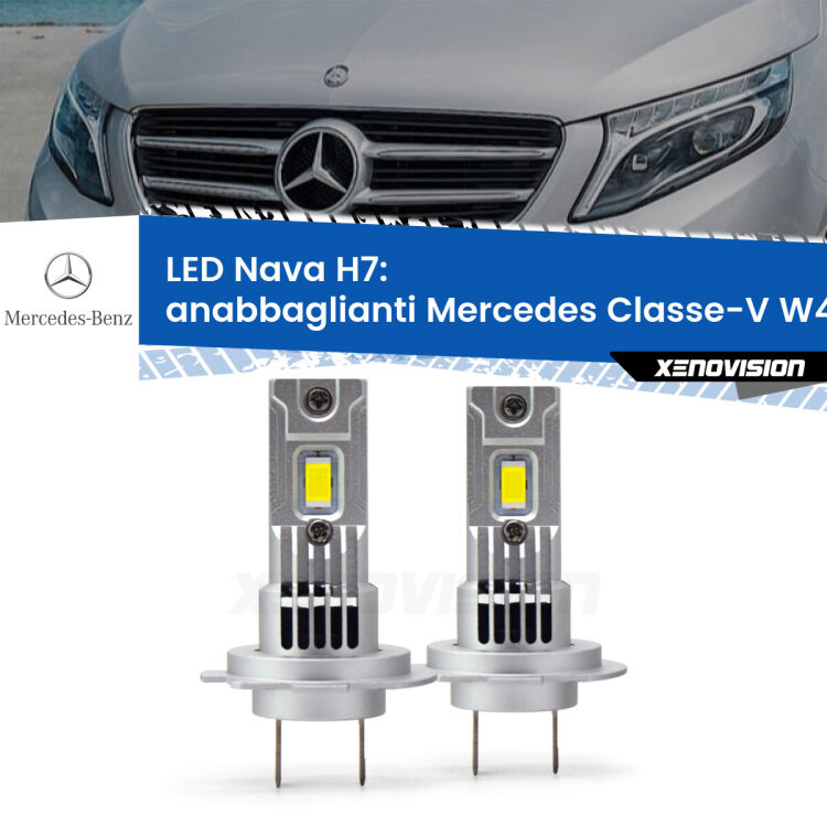 <strong>Anabbaglianti LED no-spie per Mercedes Classe-V</strong> W447 2014 in poi. Coppia lampade <strong>H7</strong> modello Nava canbus, raffreddate a ventola.