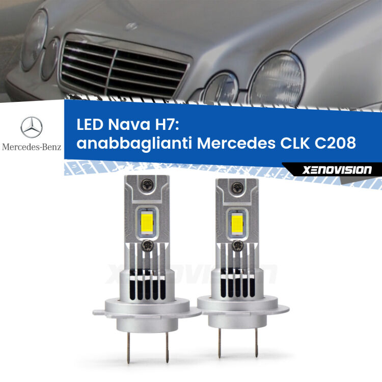 <strong>Anabbaglianti LED no-spie per Mercedes CLK</strong> C208 1997 - 2002. Coppia lampade <strong>H7</strong> modello Nava canbus, raffreddate a ventola.