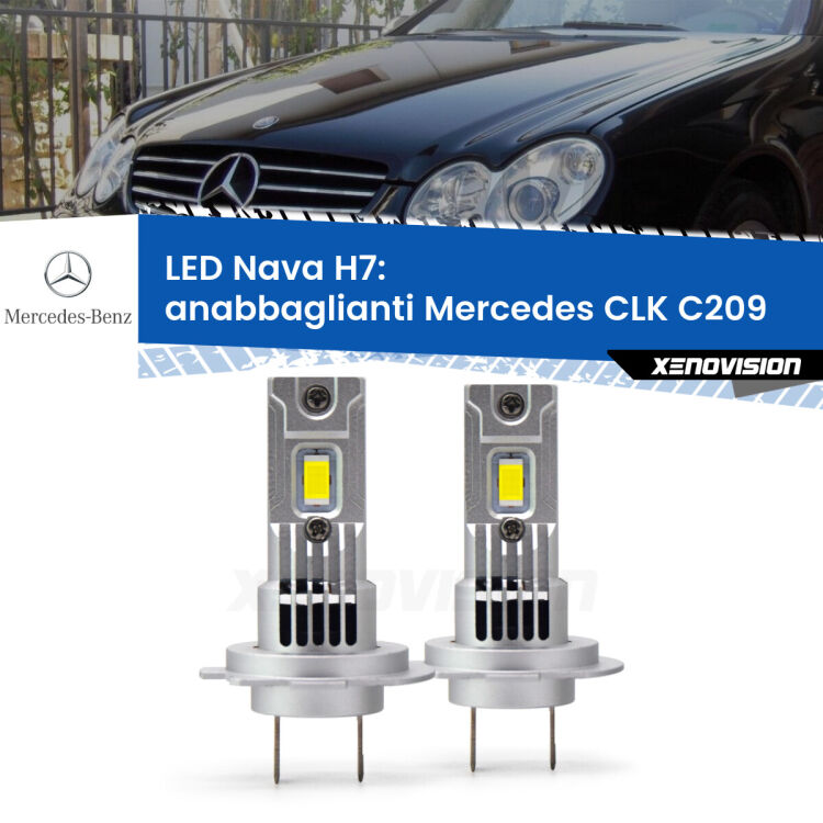 <strong>Anabbaglianti LED no-spie per Mercedes CLK</strong> C209 2002 - 2009. Coppia lampade <strong>H7</strong> modello Nava canbus, raffreddate a ventola.