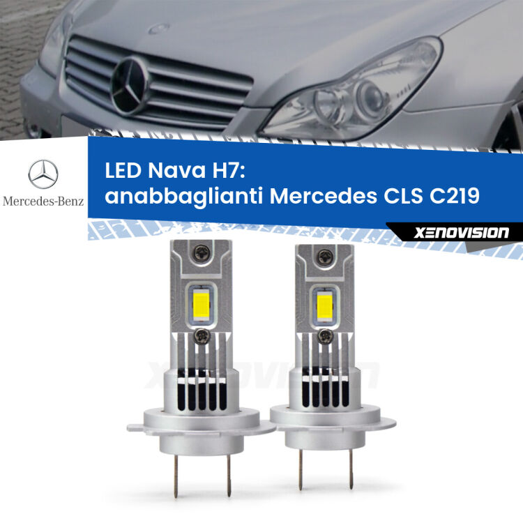 <strong>Anabbaglianti LED no-spie per Mercedes CLS</strong> C219 2004 - 2010. Coppia lampade <strong>H7</strong> modello Nava canbus, raffreddate a ventola.