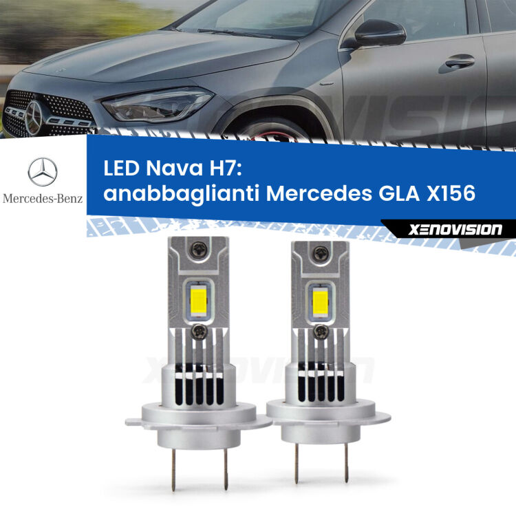 <strong>Anabbaglianti LED no-spie per Mercedes GLA</strong> X156 2013 in poi. Coppia lampade <strong>H7</strong> modello Nava canbus, raffreddate a ventola.